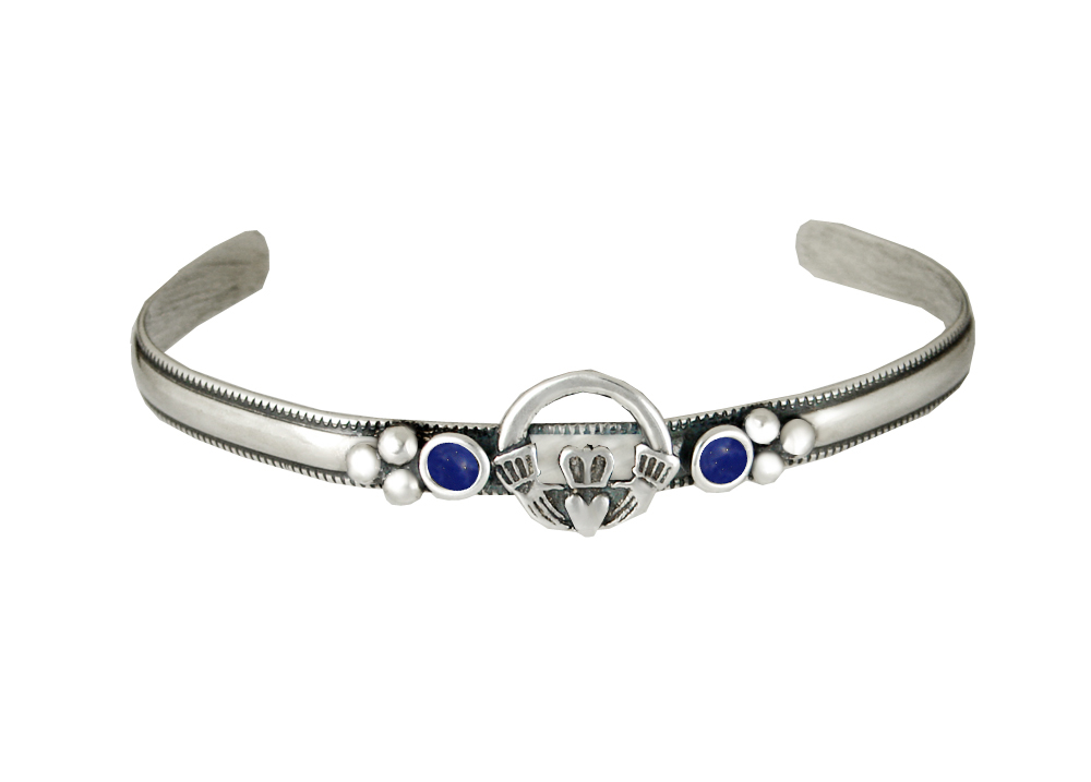 Sterling Silver Claddagh Cuff Bracelet With Lapis Lazuli